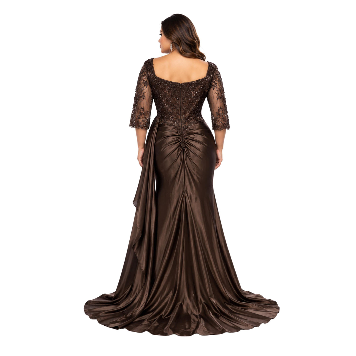 MayQueen -2255 Women’s Plus Size Formal Evening Gown with Embellished Lace Bodice, Sheer 3/4 Sleeves, V-Neckline, Ruched Satin Skirt