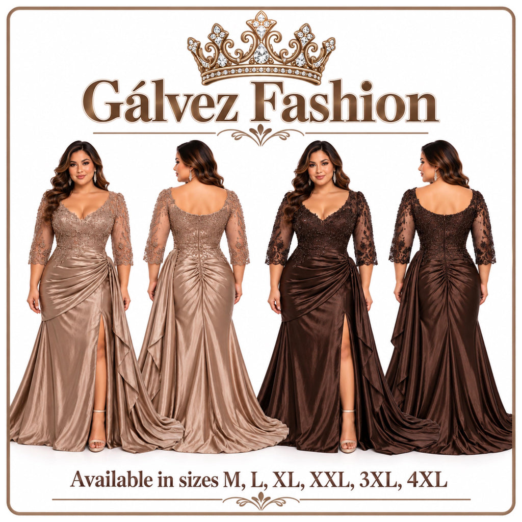 MayQueen -2255 Women’s Plus Size Formal Evening Gown with Embellished Lace Bodice, Sheer 3/4 Sleeves, V-Neckline, Ruched Satin Skirt
