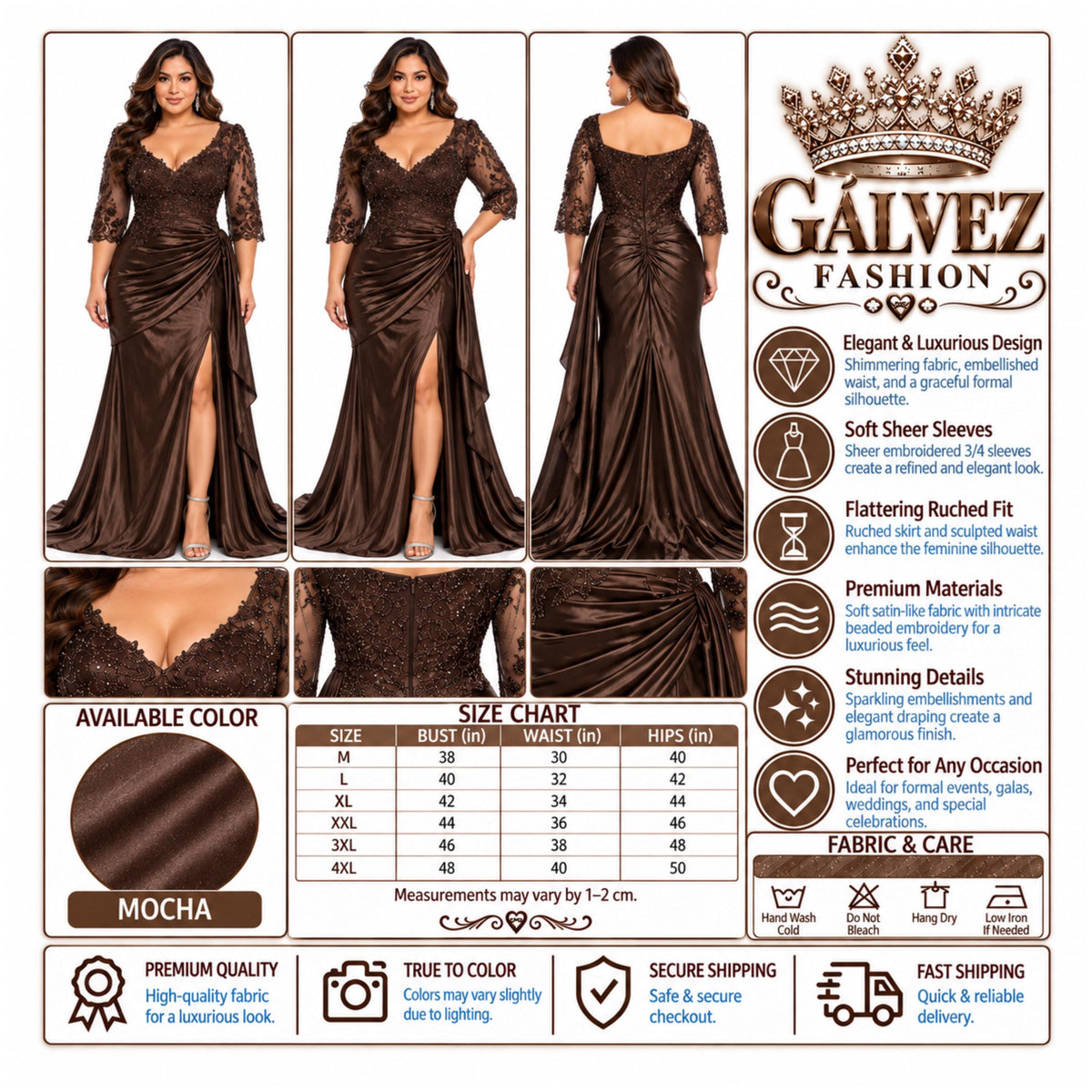 MayQueen -2255 Women’s Plus Size Formal Evening Gown with Embellished Lace Bodice, Sheer 3/4 Sleeves, V-Neckline, Ruched Satin Skirt