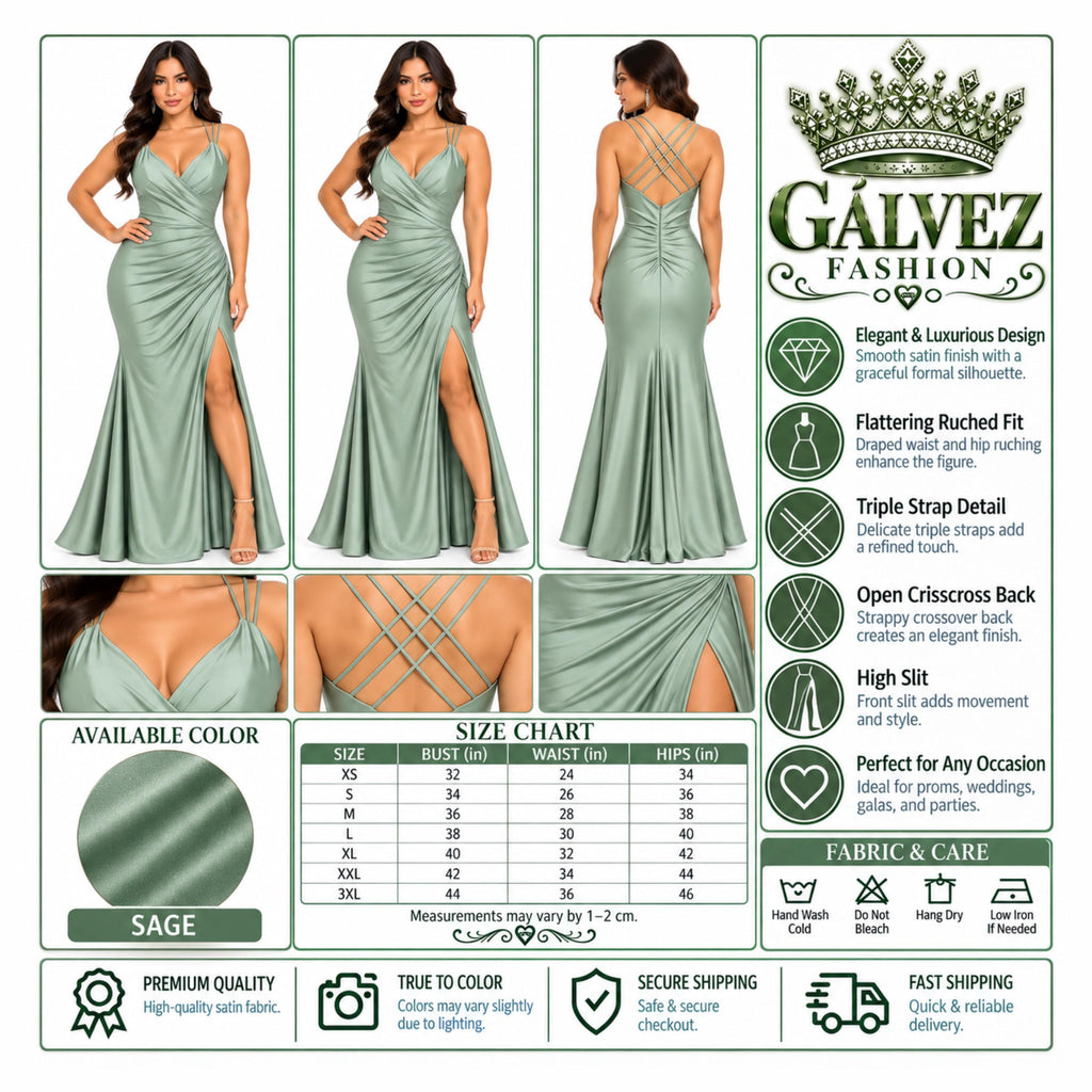 Samantha-4000 Women’s Satin Formal Evening Gown, Spaghetti Strap V-Neck Wrap Bodice, Ruched Waist & Hip, High Side Slit, Floor Length Elegan