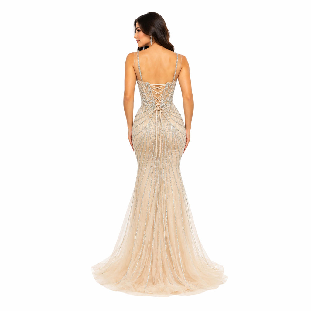 Amelia-2136 Women's Formal Mermaid Evening Gown with Sheer Illusion Bodice, Intricate Rhinestone Beading, Spaghetti Straps, Lace-Up Corset