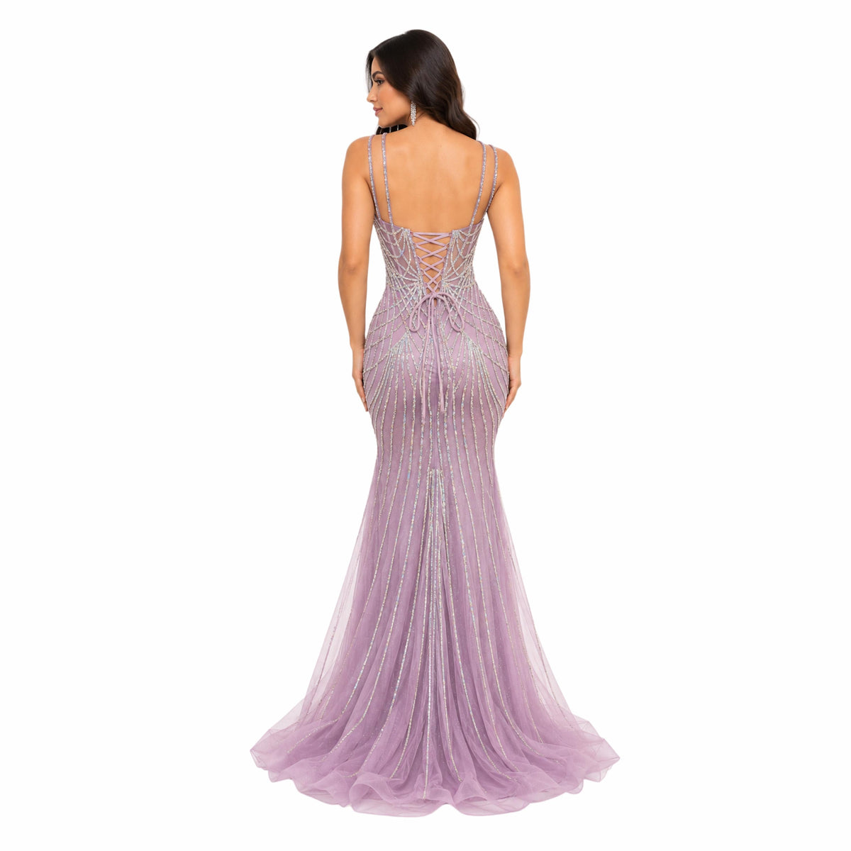 Amelia-2136 Women's Formal Mermaid Evening Gown with Sheer Illusion Bodice, Intricate Rhinestone Beading, Spaghetti Straps, Lace-Up Corset
