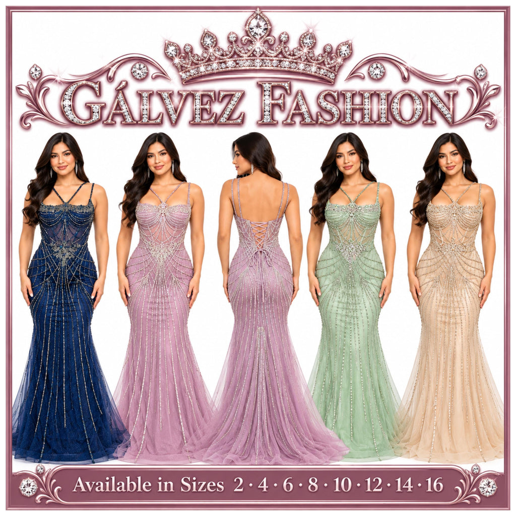 Amelia-2136 Women's Formal Mermaid Evening Gown with Sheer Illusion Bodice, Intricate Rhinestone Beading, Spaghetti Straps, Lace-Up Corset
