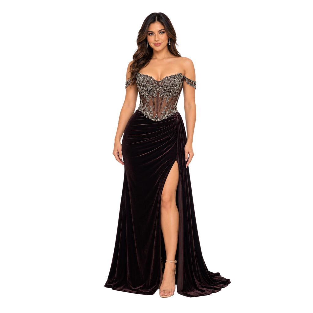 VS-0371 Women's Formal Evening Gown with Embellished Corset Bodice, Off-Shoulder Detail, Draped Velvet Skirt, High Slit, Lace-Up Back,