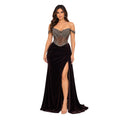 VS-0371 Women's Formal Evening Gown with Embellished Corset Bodice, Off-Shoulder Detail, Draped Velvet Skirt, High Slit, Lace-Up Back,