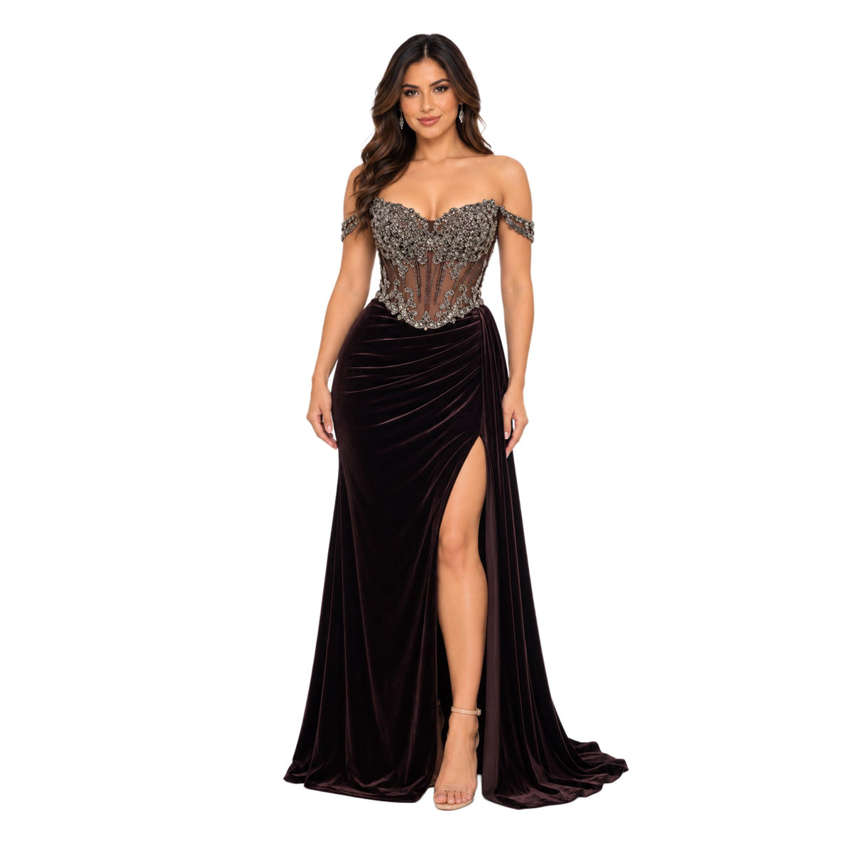 VS-0371 Women's Formal Evening Gown with Embellished Corset Bodice, Off-Shoulder Detail, Draped Velvet Skirt, High Slit, Lace-Up Back,