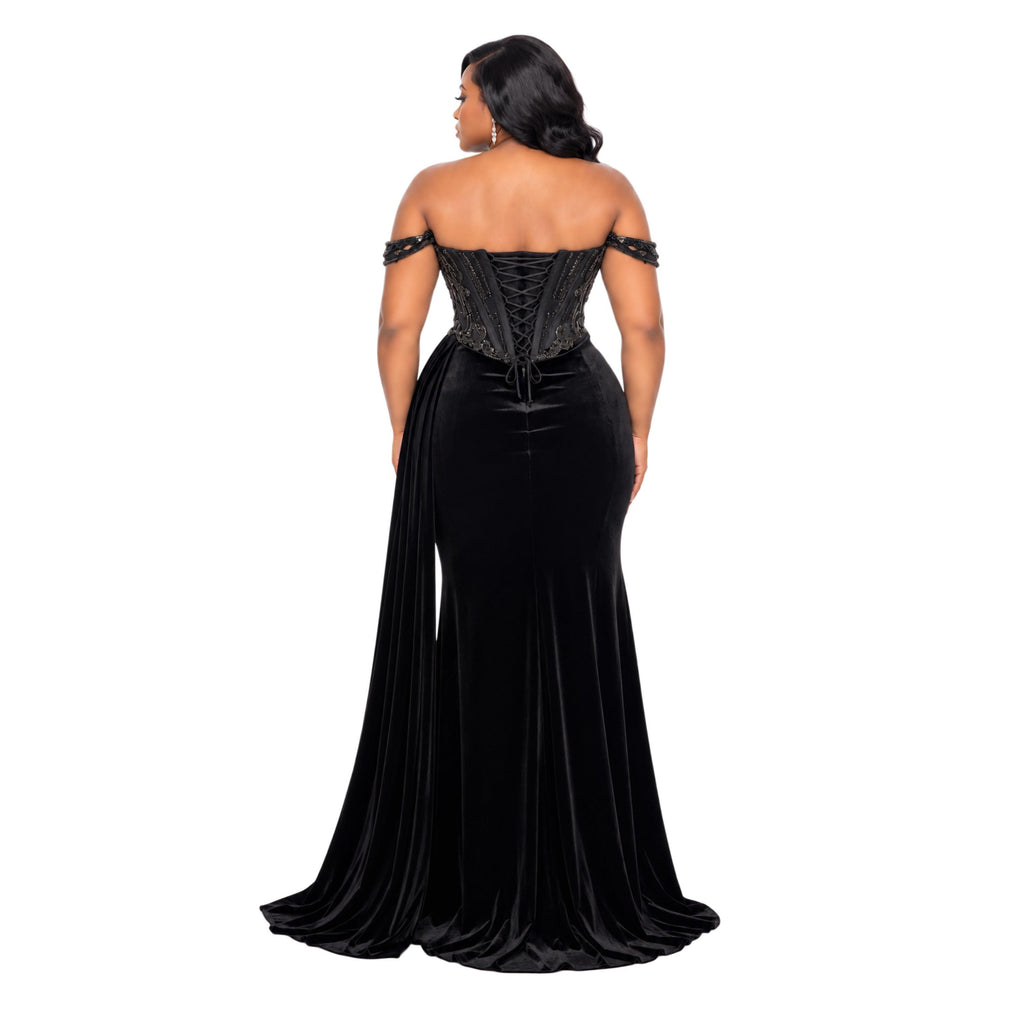 VS-0371 Women's Formal Evening Gown with Embellished Corset Bodice, Off-Shoulder Detail, Draped Velvet Skirt, High Slit, Lace-Up Back,