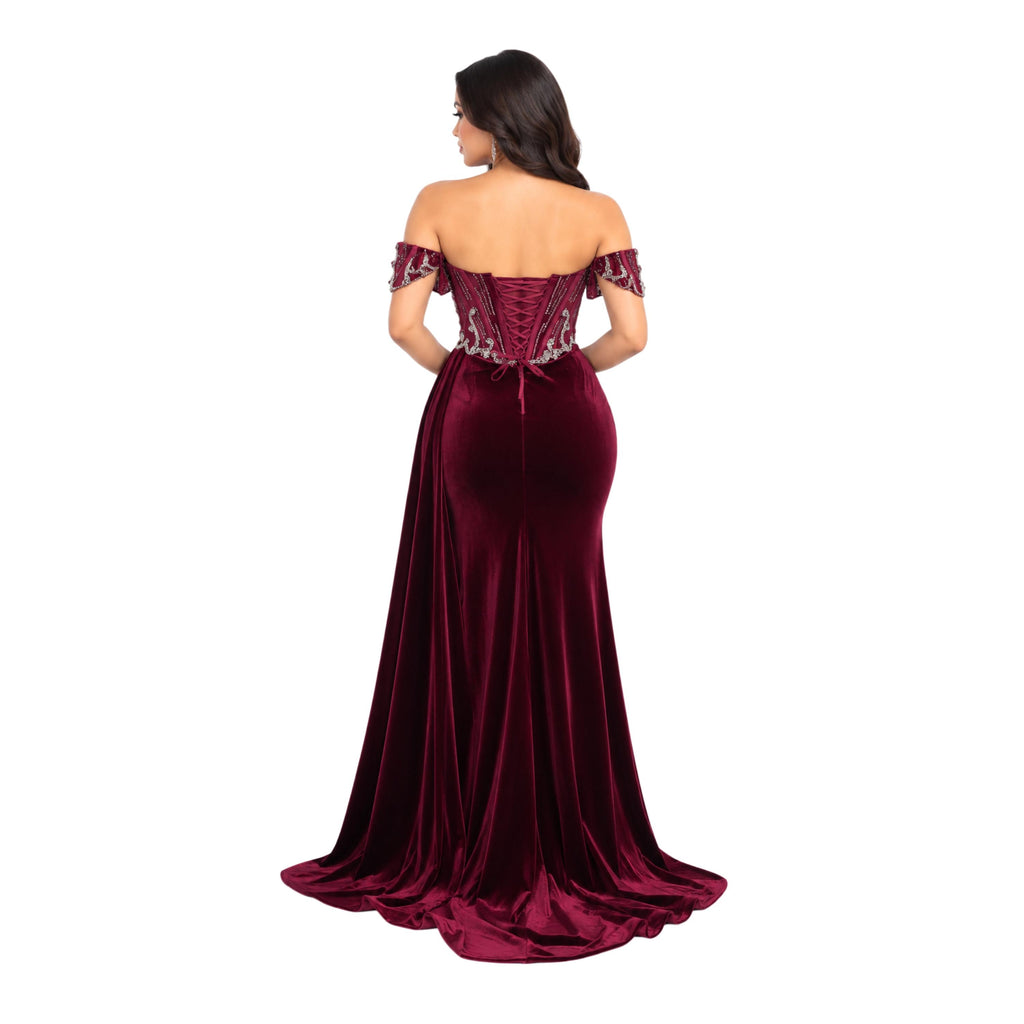 VS-0371 Women's Formal Evening Gown with Embellished Corset Bodice, Off-Shoulder Detail, Draped Velvet Skirt, High Slit, Lace-Up Back,