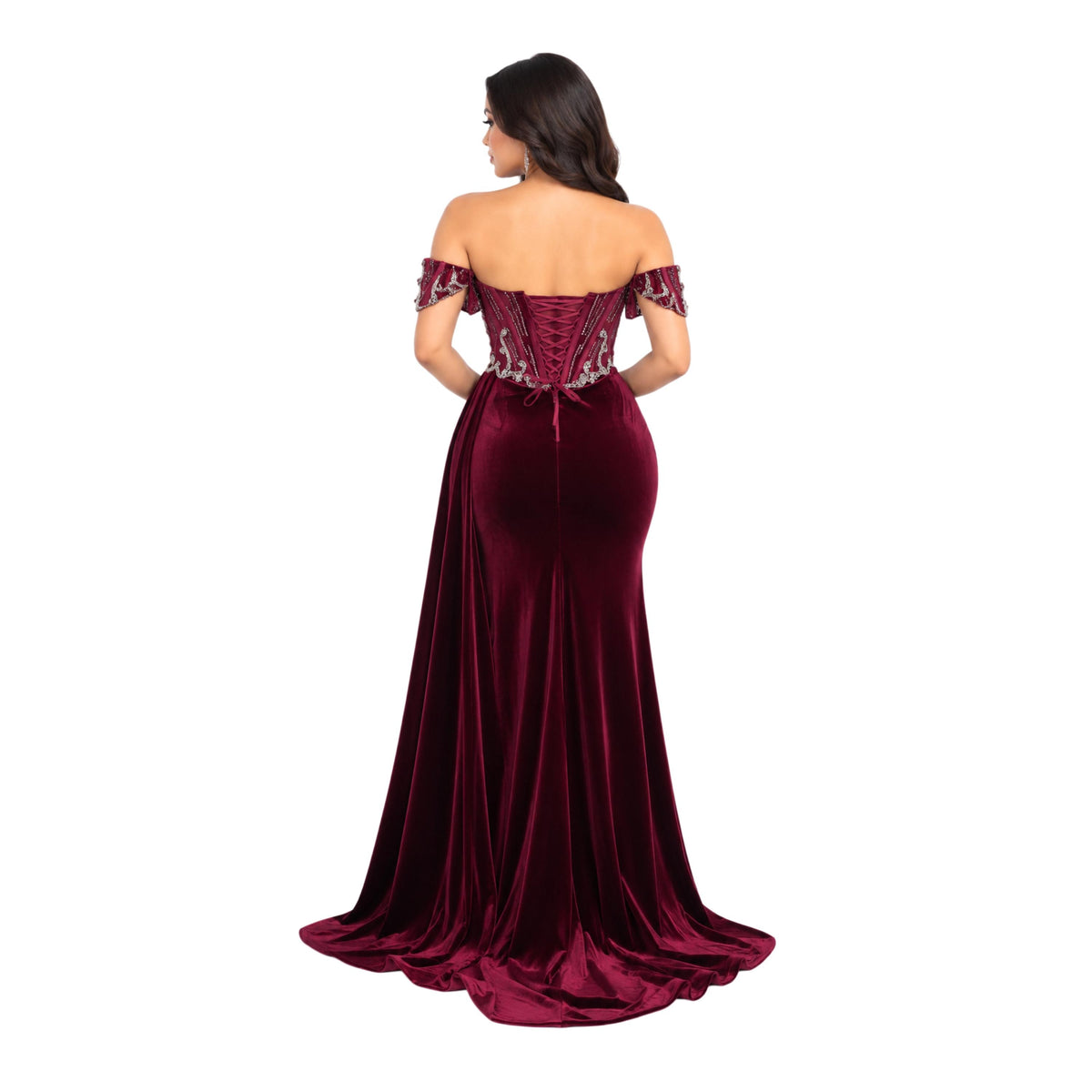 VS-0371 Women's Formal Evening Gown with Embellished Corset Bodice, Off-Shoulder Detail, Draped Velvet Skirt, High Slit, Lace-Up Back,