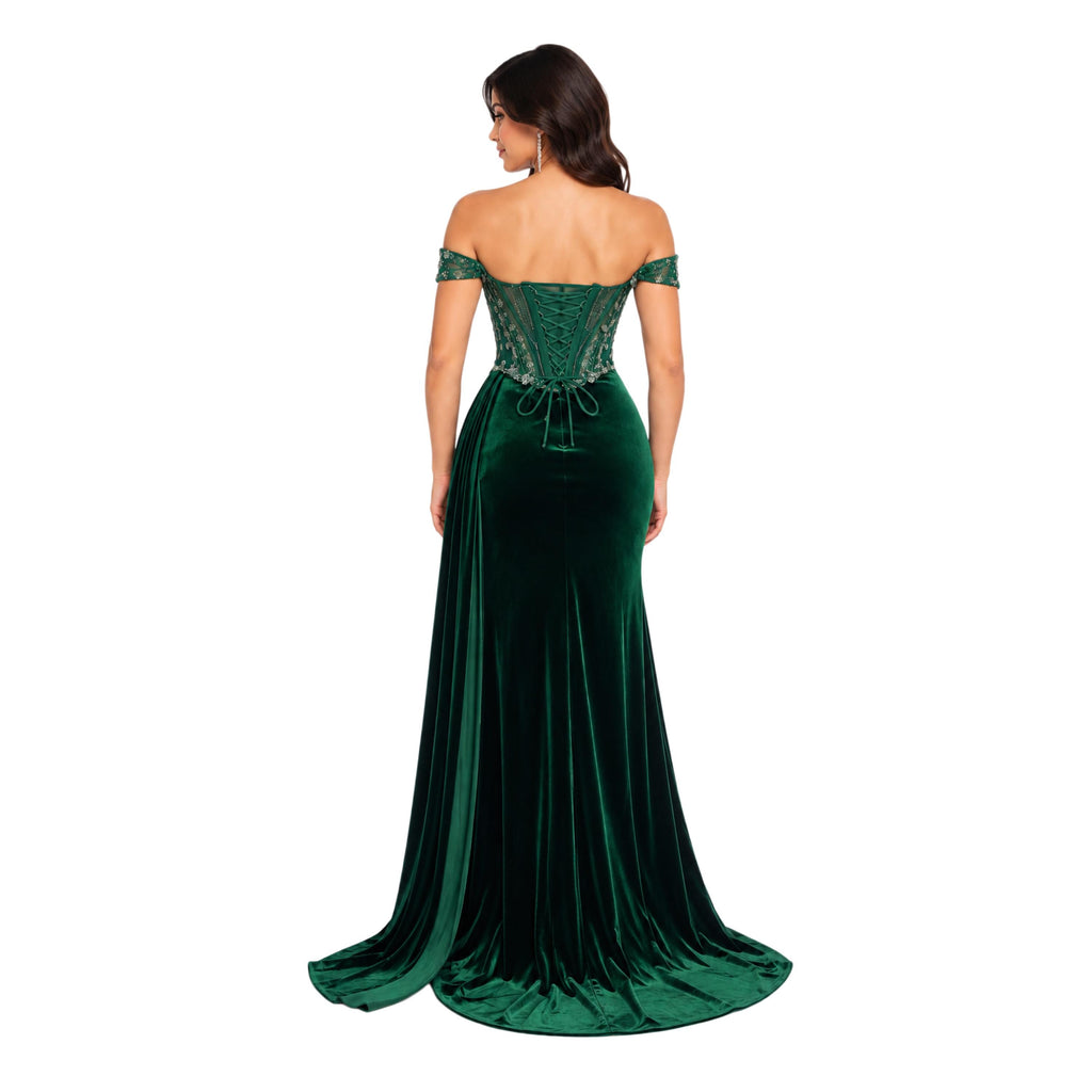 VS-0371 Women's Formal Evening Gown with Embellished Corset Bodice, Off-Shoulder Detail, Draped Velvet Skirt, High Slit, Lace-Up Back,