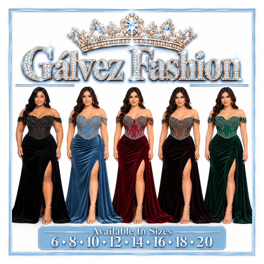 VS-0371 Women's Formal Evening Gown with Embellished Corset Bodice, Off-Shoulder Detail, Draped Velvet Skirt, High Slit, Lace-Up Back,