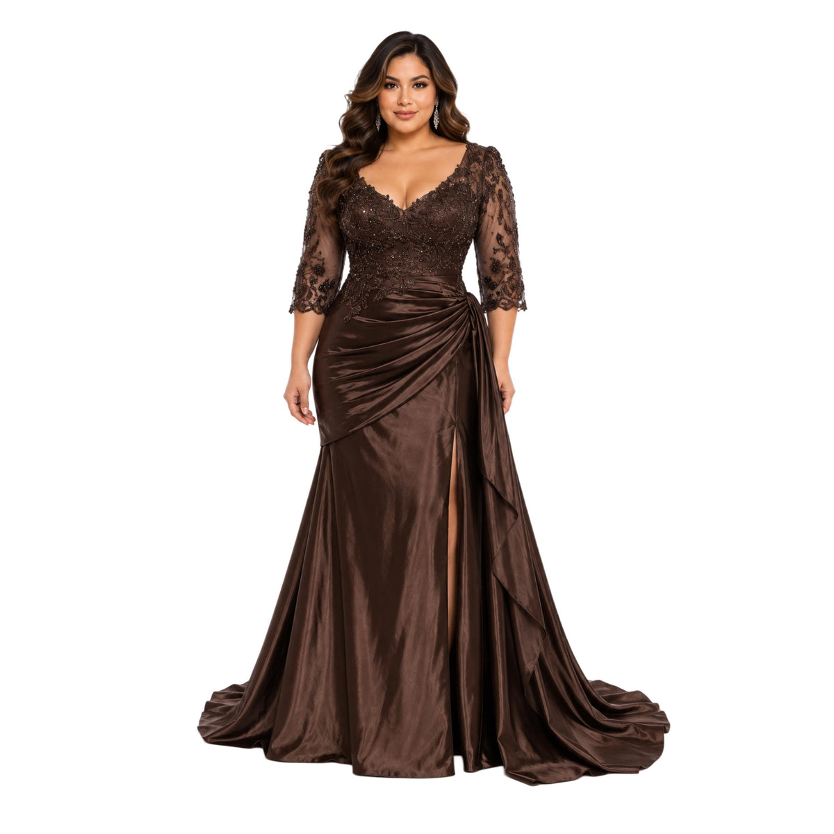 MayQueen -2255 Women’s Plus Size Formal Evening Gown with Embellished Lace Bodice, Sheer 3/4 Sleeves, V-Neckline, Ruched Satin Skirt