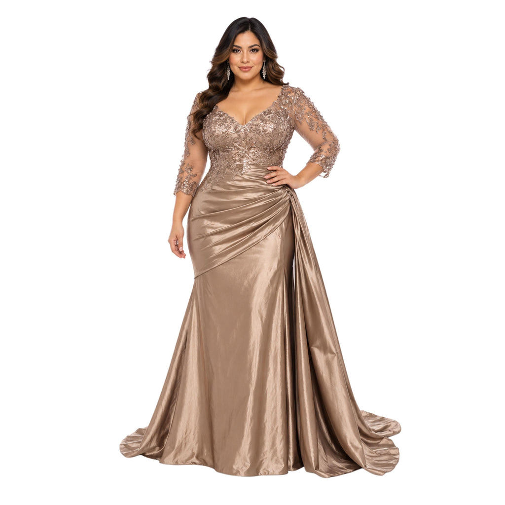 MayQueen -2255 Women’s Plus Size Formal Evening Gown with Embellished Lace Bodice, Sheer 3/4 Sleeves, V-Neckline, Ruched Satin Skirt