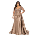 MayQueen -2255 Women’s Plus Size Formal Evening Gown with Embellished Lace Bodice, Sheer 3/4 Sleeves, V-Neckline, Ruched Satin Skirt