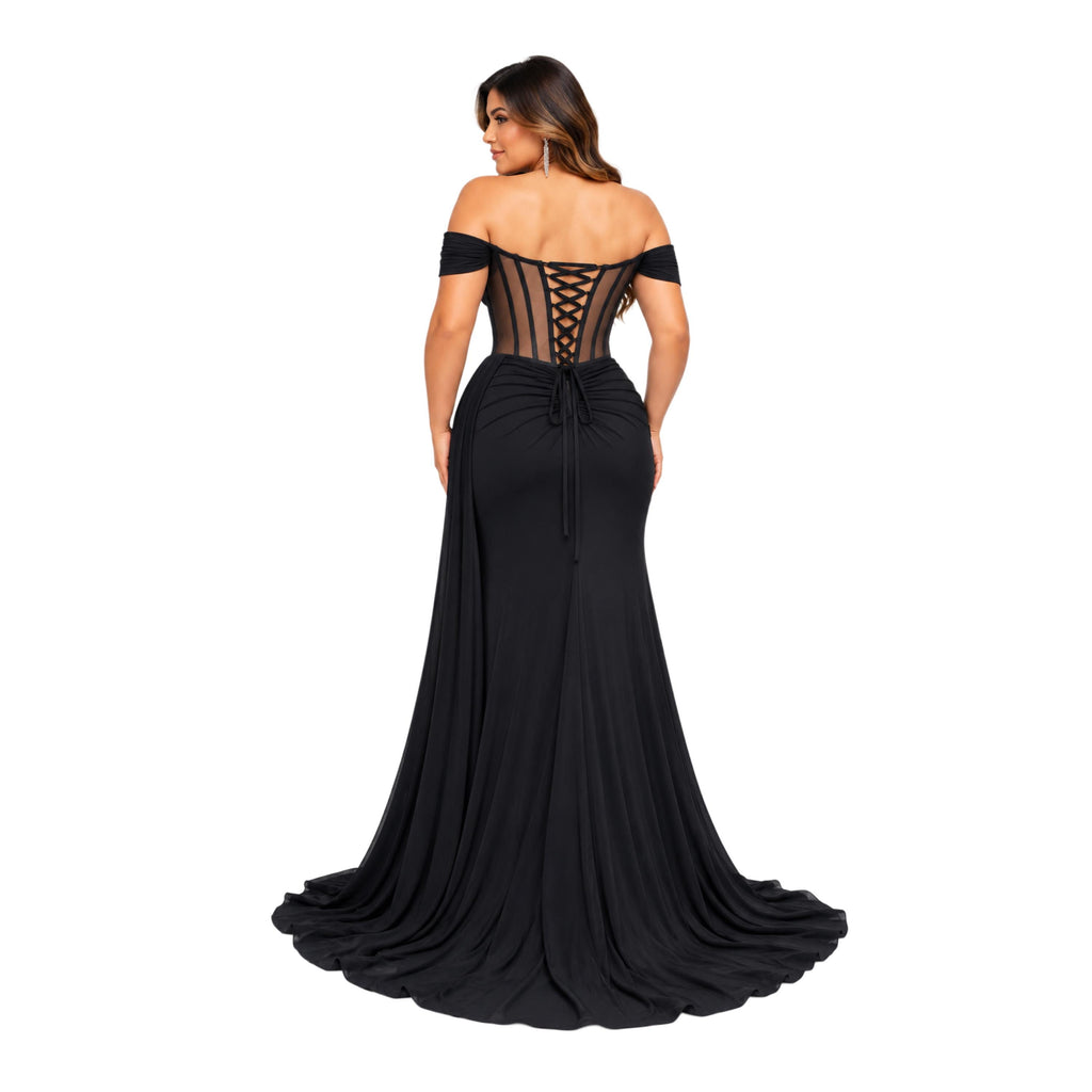 Adora-3405 Women's Elegant Off Shoulder Sweetheart Neckline Formal Maxi Dress with Sheer Boned Corset Bodice, Lace Up , Ruched Draped Waist