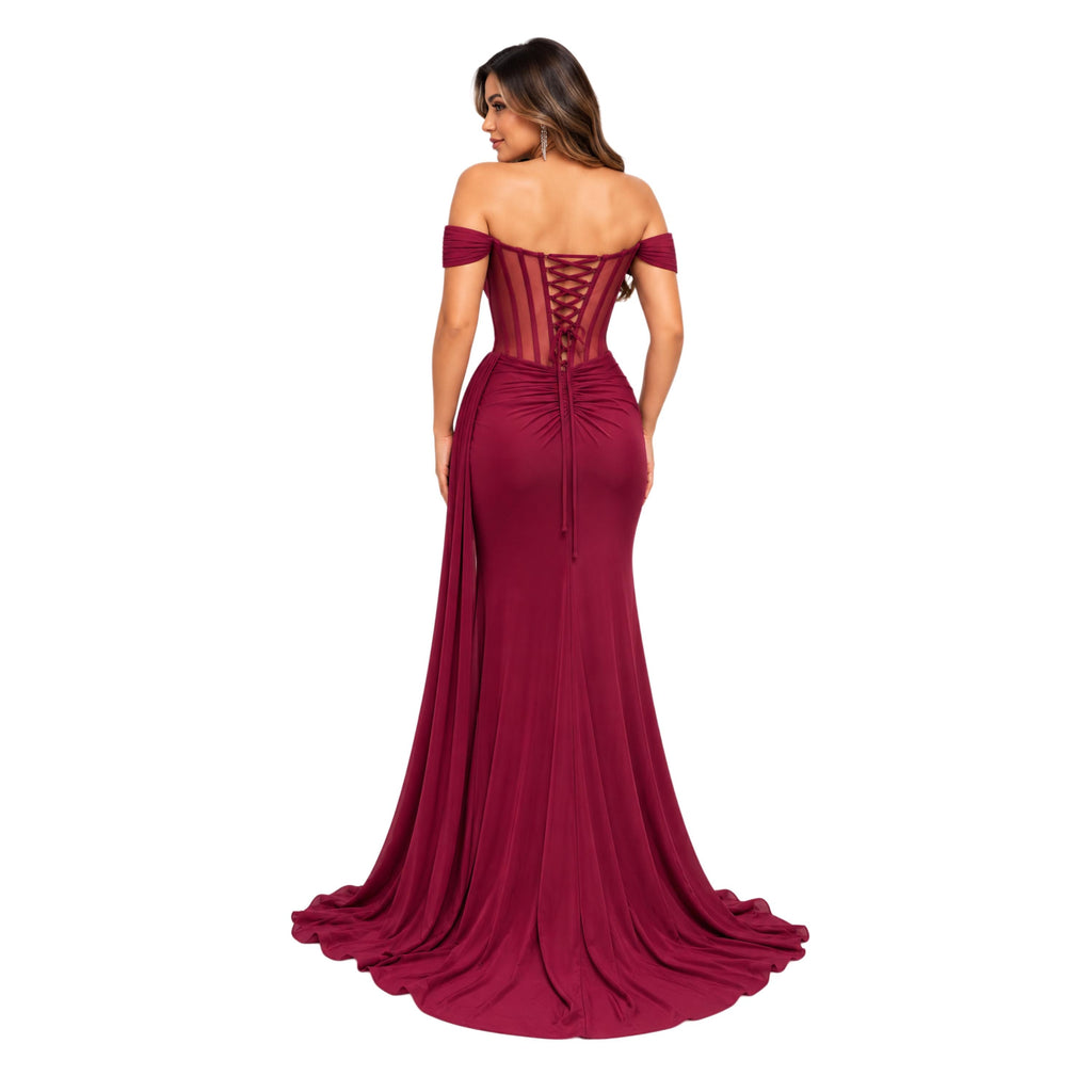 Adora-3405 Women's Elegant Off Shoulder Sweetheart Neckline Formal Maxi Dress with Sheer Boned Corset Bodice, Lace Up , Ruched Draped Waist
