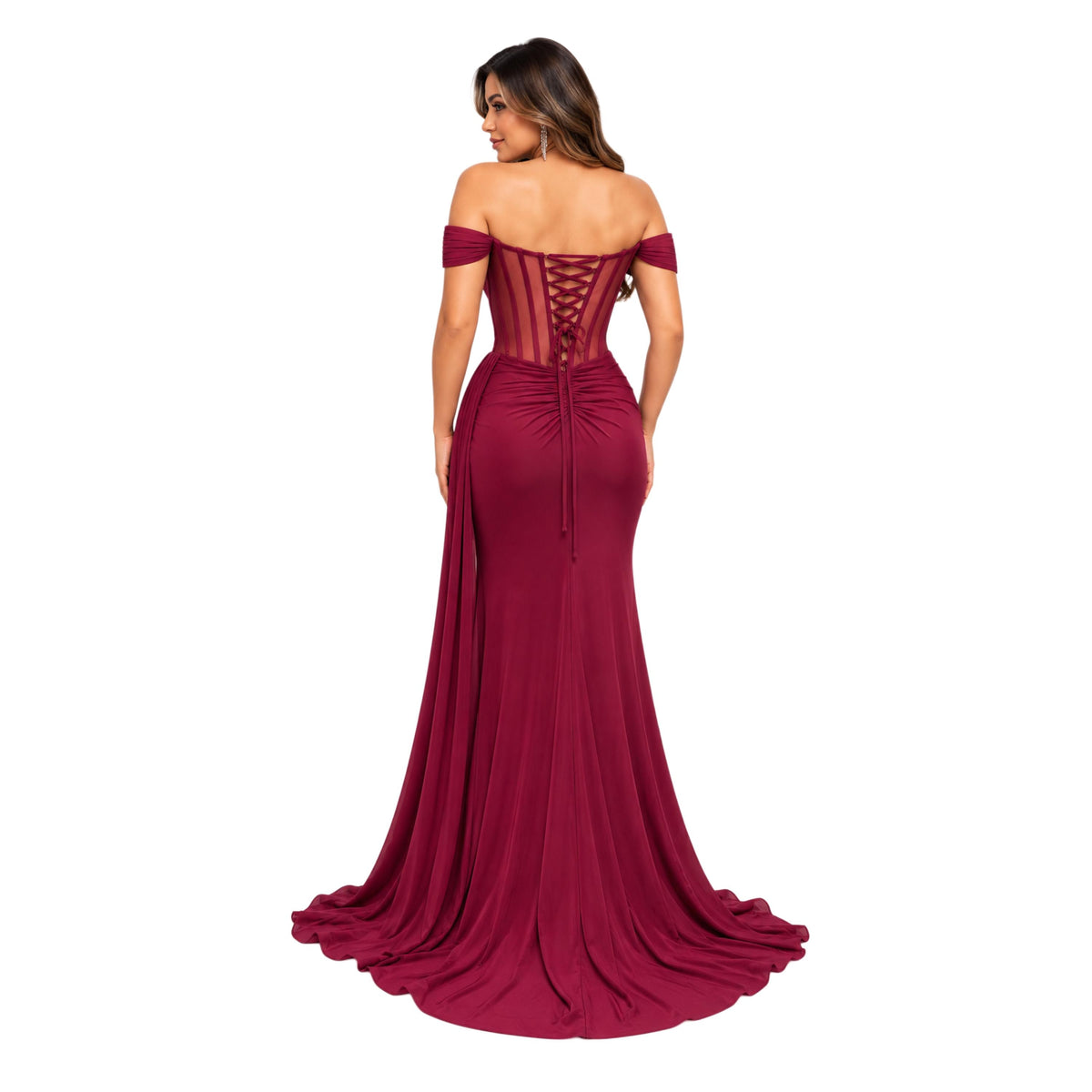 Adora-3405 Women's Elegant Off Shoulder Sweetheart Neckline Formal Maxi Dress with Sheer Boned Corset Bodice, Lace Up , Ruched Draped Waist