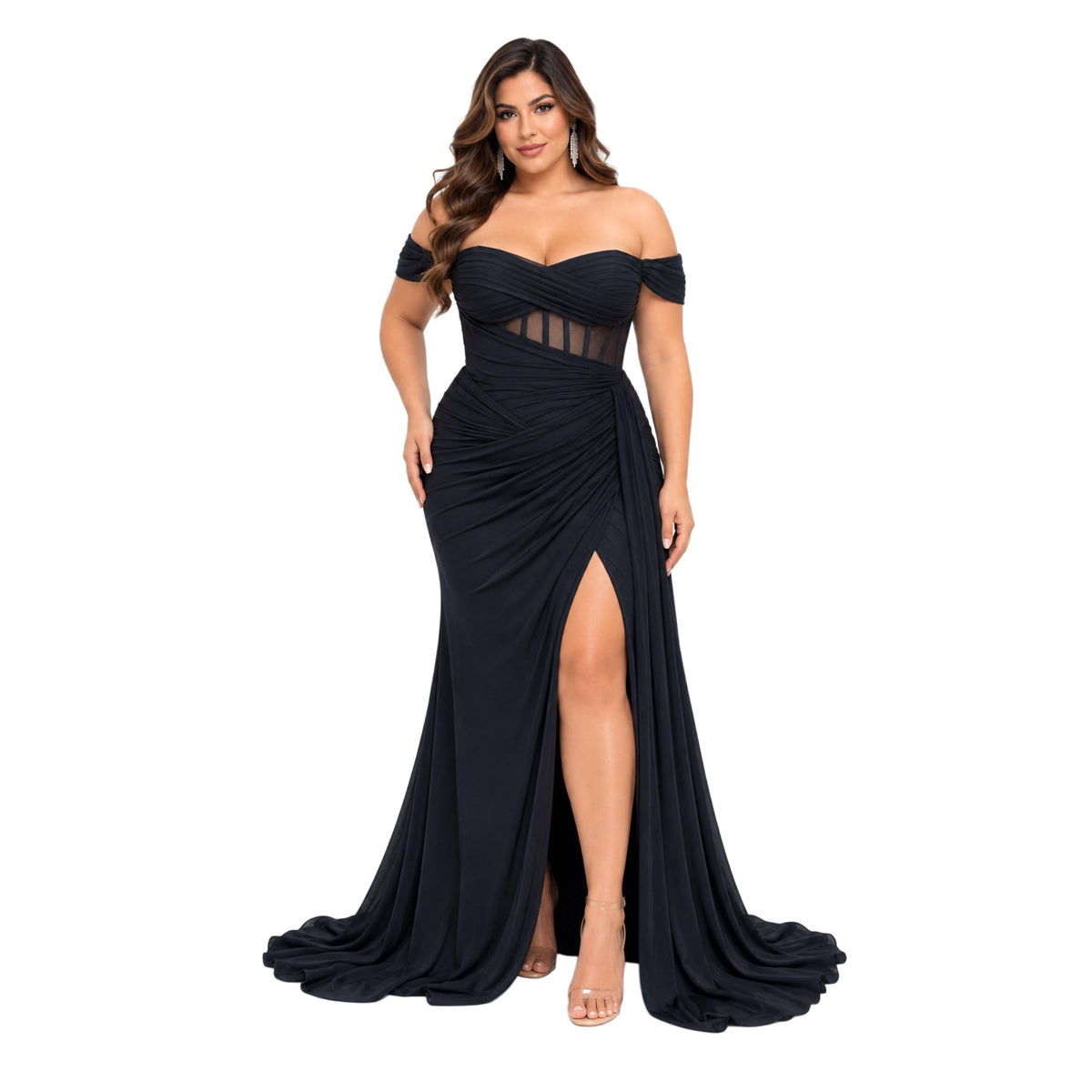 Adora-3405 Women's Elegant Off Shoulder Sweetheart Neckline Formal Maxi Dress with Sheer Boned Corset Bodice, Lace Up , Ruched Draped Waist