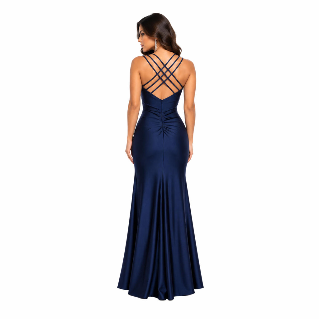 Samantha-4000 Women’s Satin Formal Evening Gown, Spaghetti Strap V-Neck Wrap Bodice, Ruched Waist & Hip, High Side Slit, Floor Length Elegan
