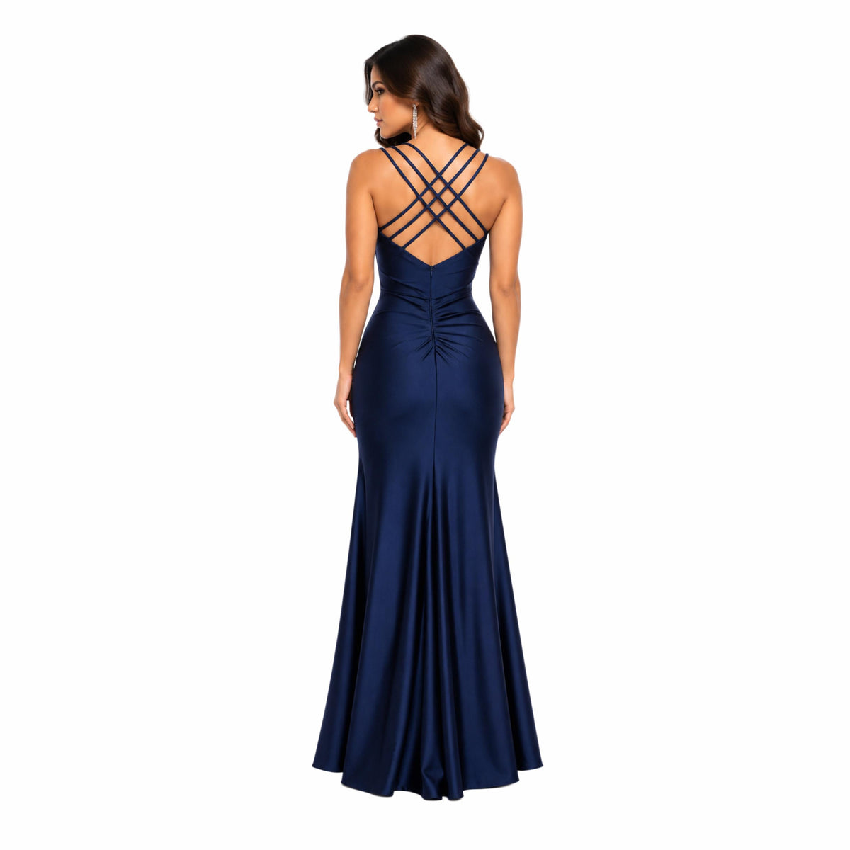 Samantha-4000 Women’s Satin Formal Evening Gown, Spaghetti Strap V-Neck Wrap Bodice, Ruched Waist & Hip, High Side Slit, Floor Length Elegan