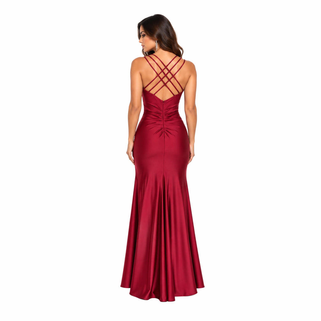 Samantha-4000 Women’s Satin Formal Evening Gown, Spaghetti Strap V-Neck Wrap Bodice, Ruched Waist & Hip, High Side Slit, Floor Length Elegan
