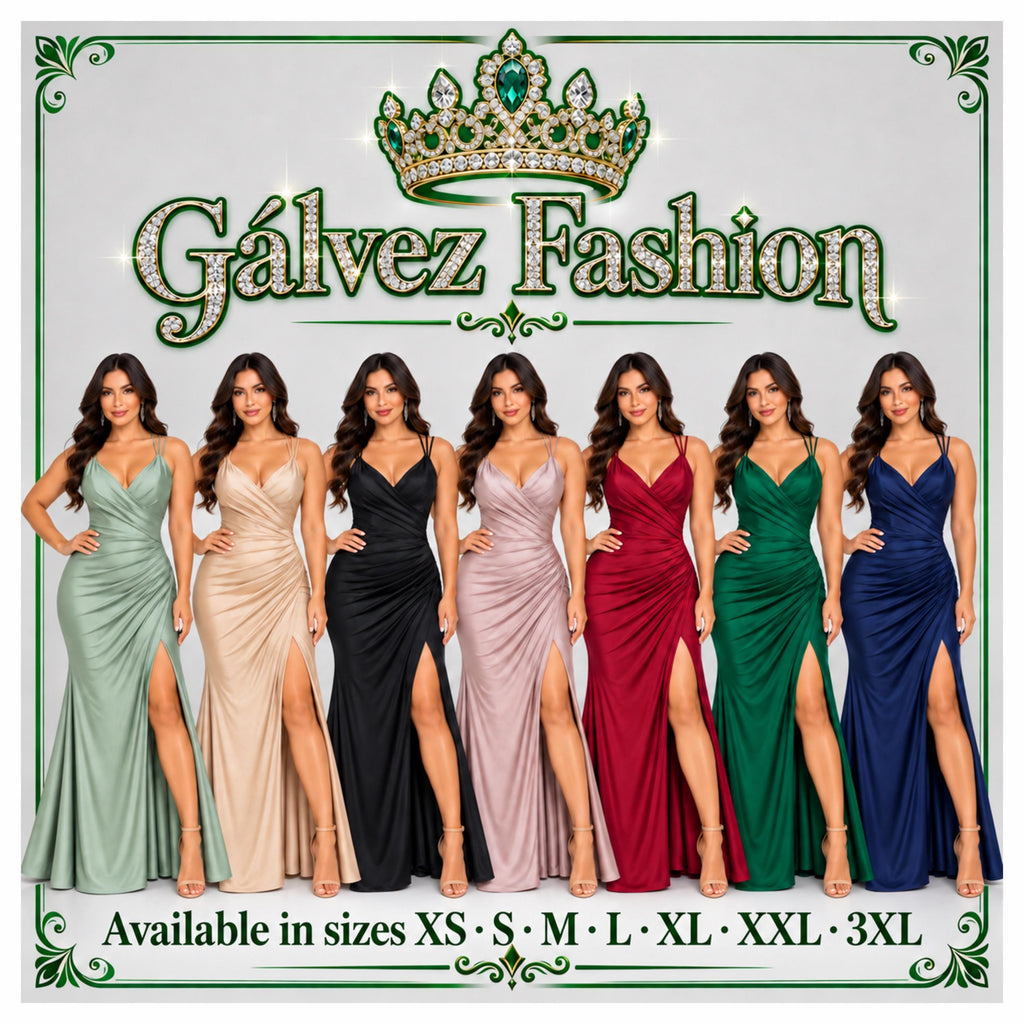 Samantha-4000 Women’s Satin Formal Evening Gown, Spaghetti Strap V-Neck Wrap Bodice, Ruched Waist & Hip, High Side Slit, Floor Length Elegan