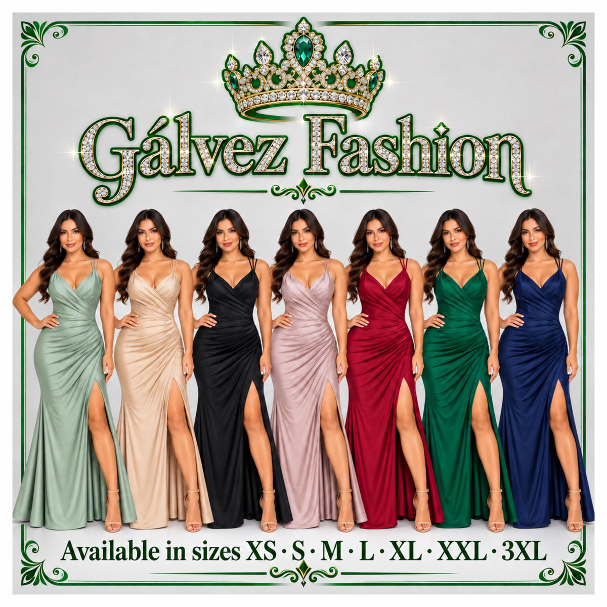 Samantha-4000 Women’s Satin Formal Evening Gown, Spaghetti Strap V-Neck Wrap Bodice, Ruched Waist & Hip, High Side Slit, Floor Length Elegan