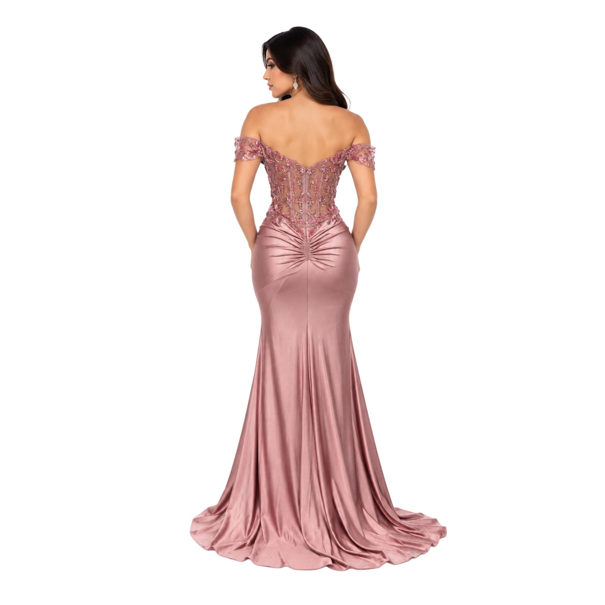 Cindy-50444 Women's Off-Shoulder Satin Evening Gown with Floral Sequin Applique, Sheer Boned Corset Bodice, Sweetheart Neckline, Ruched Hip