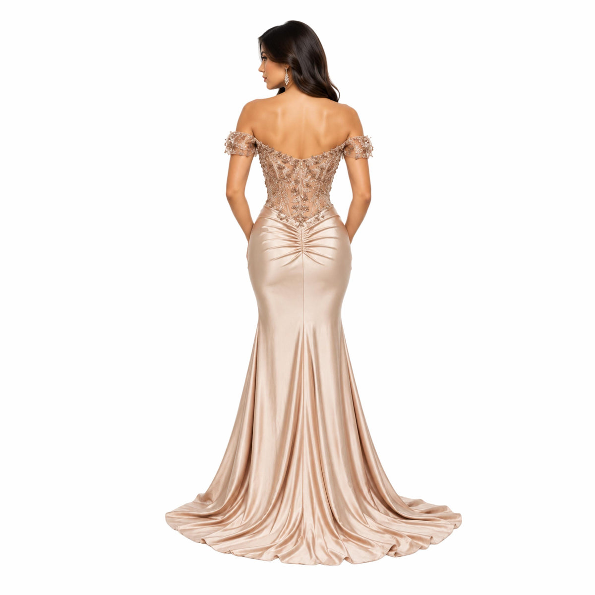 Cindy-50444 Women's Off-Shoulder Satin Evening Gown with Floral Sequin Applique, Sheer Boned Corset Bodice, Sweetheart Neckline, Ruched Hip