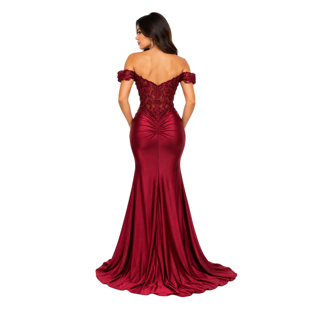 Cindy-50444 Women's Off-Shoulder Satin Evening Gown with Floral Sequin Applique, Sheer Boned Corset Bodice, Sweetheart Neckline, Ruched Hip