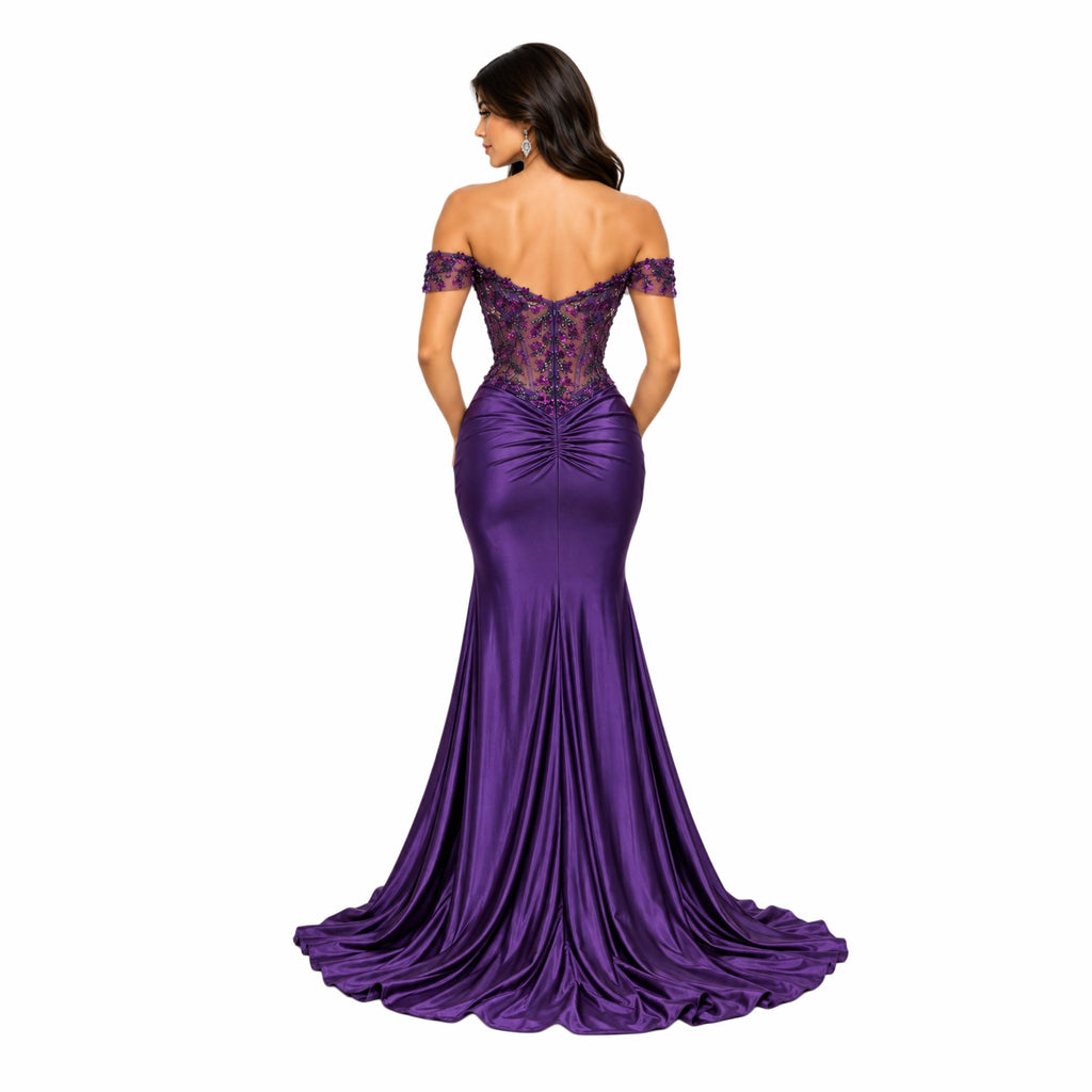 Cindy-50444 Women's Off-Shoulder Satin Evening Gown with Floral Sequin Applique, Sheer Boned Corset Bodice, Sweetheart Neckline, Ruched Hip