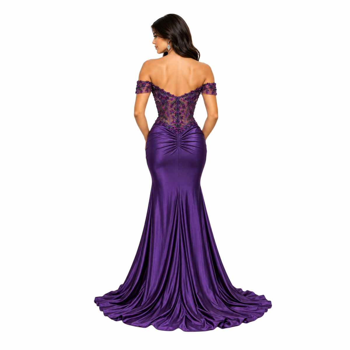 Cindy-50444 Women's Off-Shoulder Satin Evening Gown with Floral Sequin Applique, Sheer Boned Corset Bodice, Sweetheart Neckline, Ruched Hip