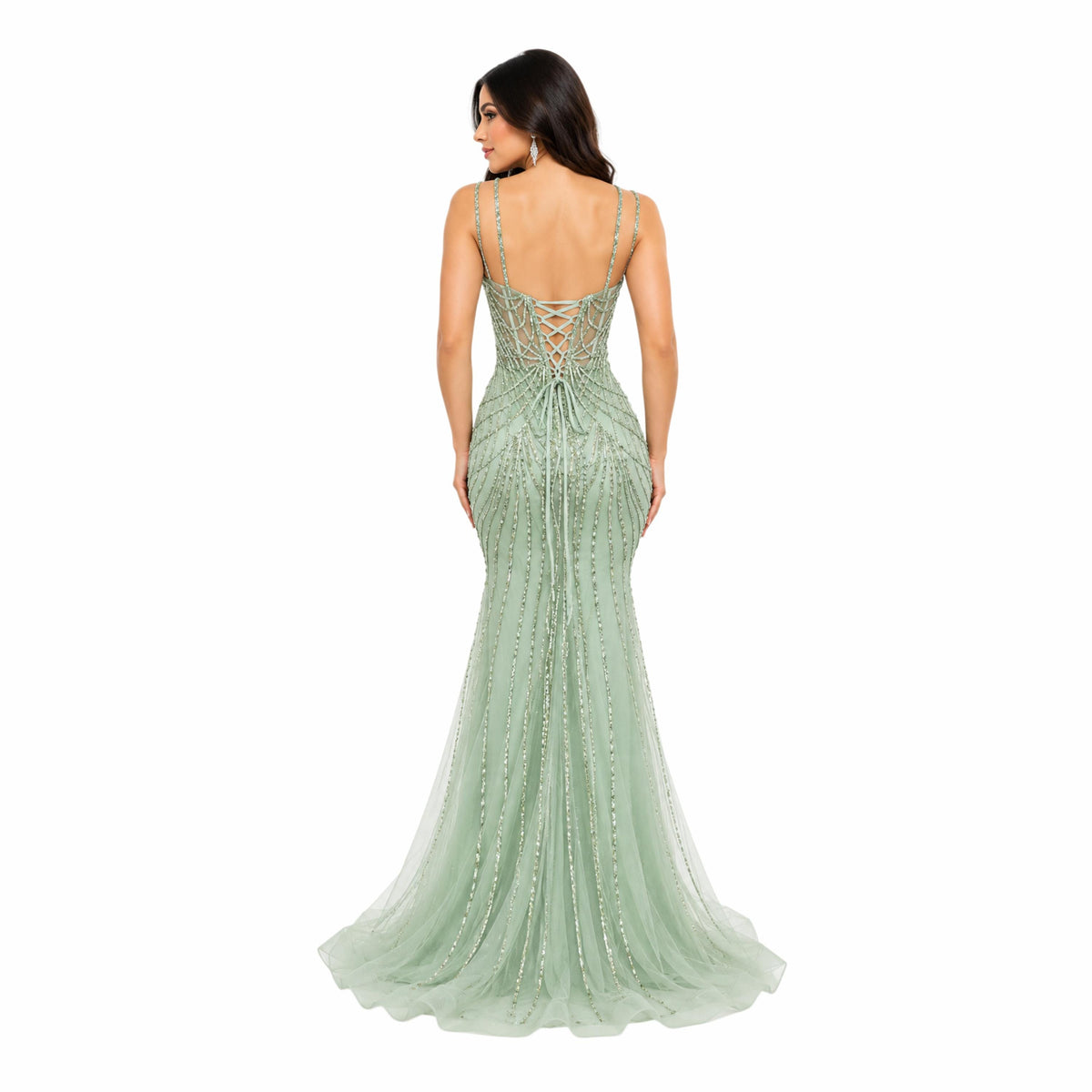 Amelia-2136 Women's Formal Mermaid Evening Gown with Sheer Illusion Bodice, Intricate Rhinestone Beading, Spaghetti Straps, Lace-Up Corset