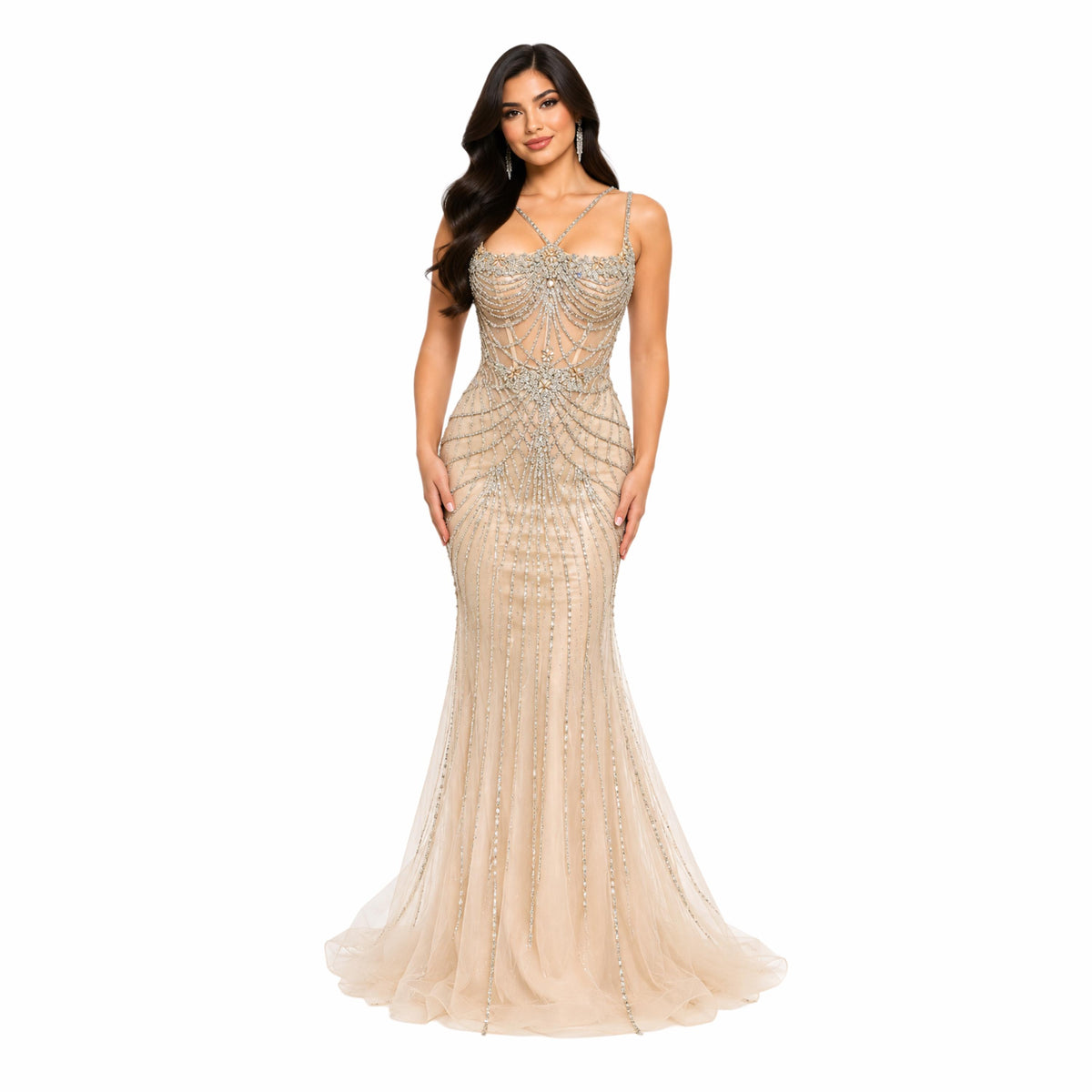 Amelia-2136 Women's Formal Mermaid Evening Gown with Sheer Illusion Bodice, Intricate Rhinestone Beading, Spaghetti Straps, Lace-Up Corset