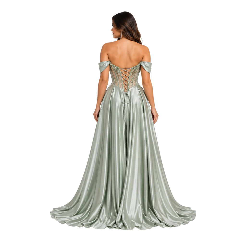 Cindy-50531 Women's Elegant Satin Evening Gown with Beaded Sheer Corset Bodice, Off Shoulder Draped Sleeves, Lace Up Back, High Side Slit