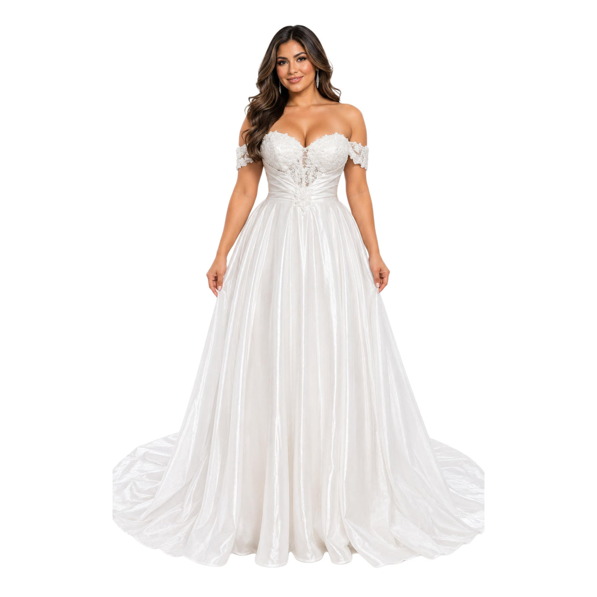 Cindy-744 Women's Elegant Formal Gown with Floral Lace Bodice, Sweetheart Neckline, Off Shoulder Lace Sleeves, Lace Up Corset Back