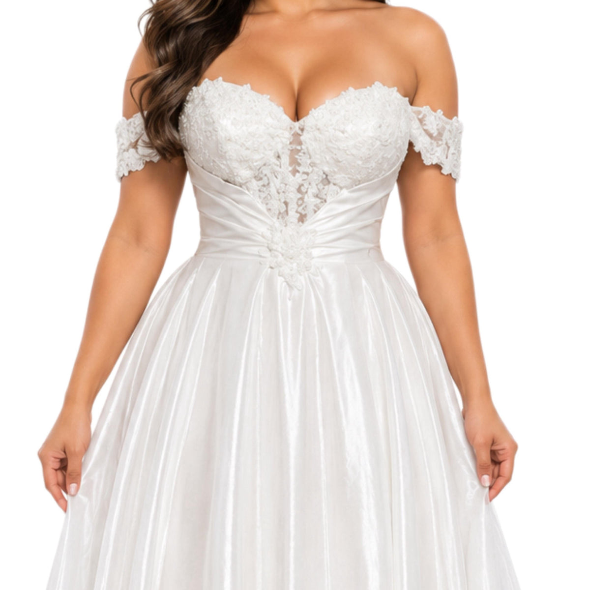 Cindy-744 Women's Elegant Formal Gown with Floral Lace Bodice, Sweetheart Neckline, Off Shoulder Lace Sleeves, Lace Up Corset Back