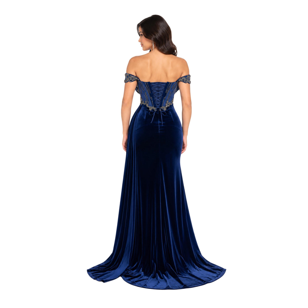 VS-0371 Women's Formal Evening Gown with Embellished Corset Bodice, Off-Shoulder Detail, Draped Velvet Skirt, High Slit, Lace-Up Back,