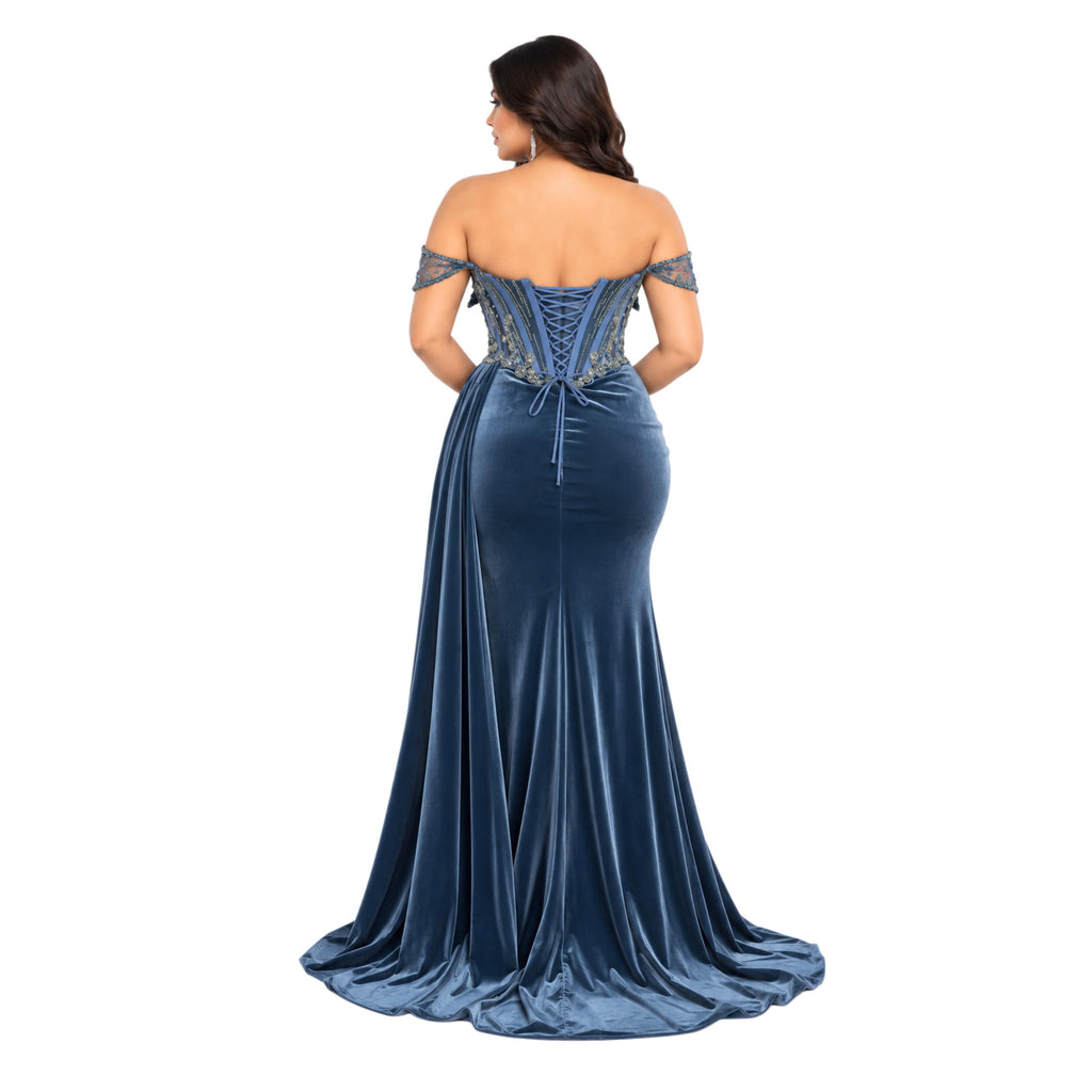 VS-0371 Women's Formal Evening Gown with Embellished Corset Bodice, Off-Shoulder Detail, Draped Velvet Skirt, High Slit, Lace-Up Back,
