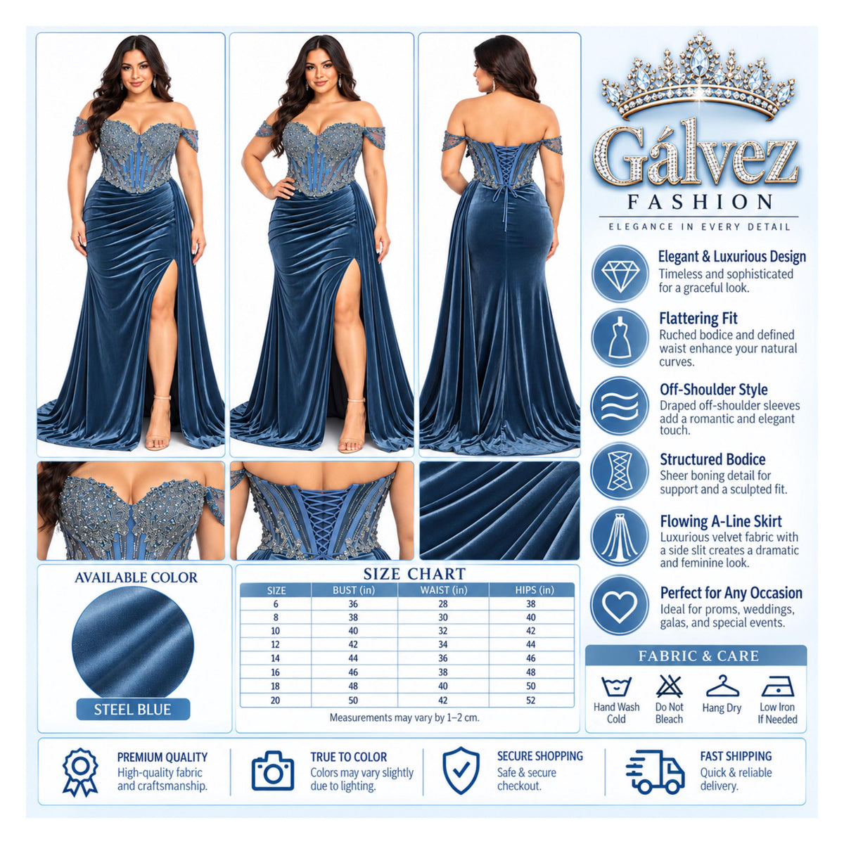 VS-0371 Women's Formal Evening Gown with Embellished Corset Bodice, Off-Shoulder Detail, Draped Velvet Skirt, High Slit, Lace-Up Back,