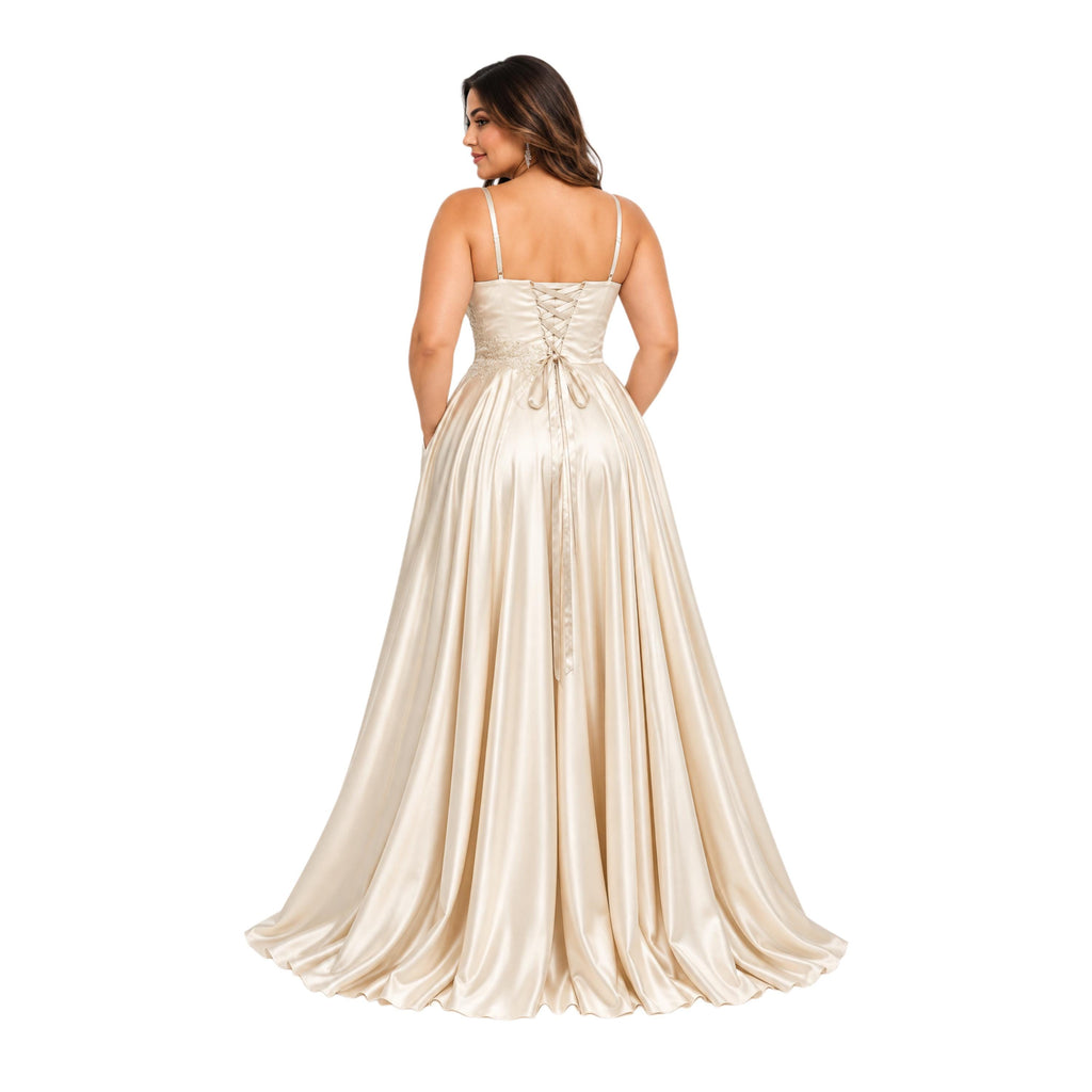 Cindy-50498 Women's Plus Size Formal Maxi Dress with Spaghetti Straps, Sweetheart Neckline, Floral Beaded Appliques, Ruched Satin-Look Bodic