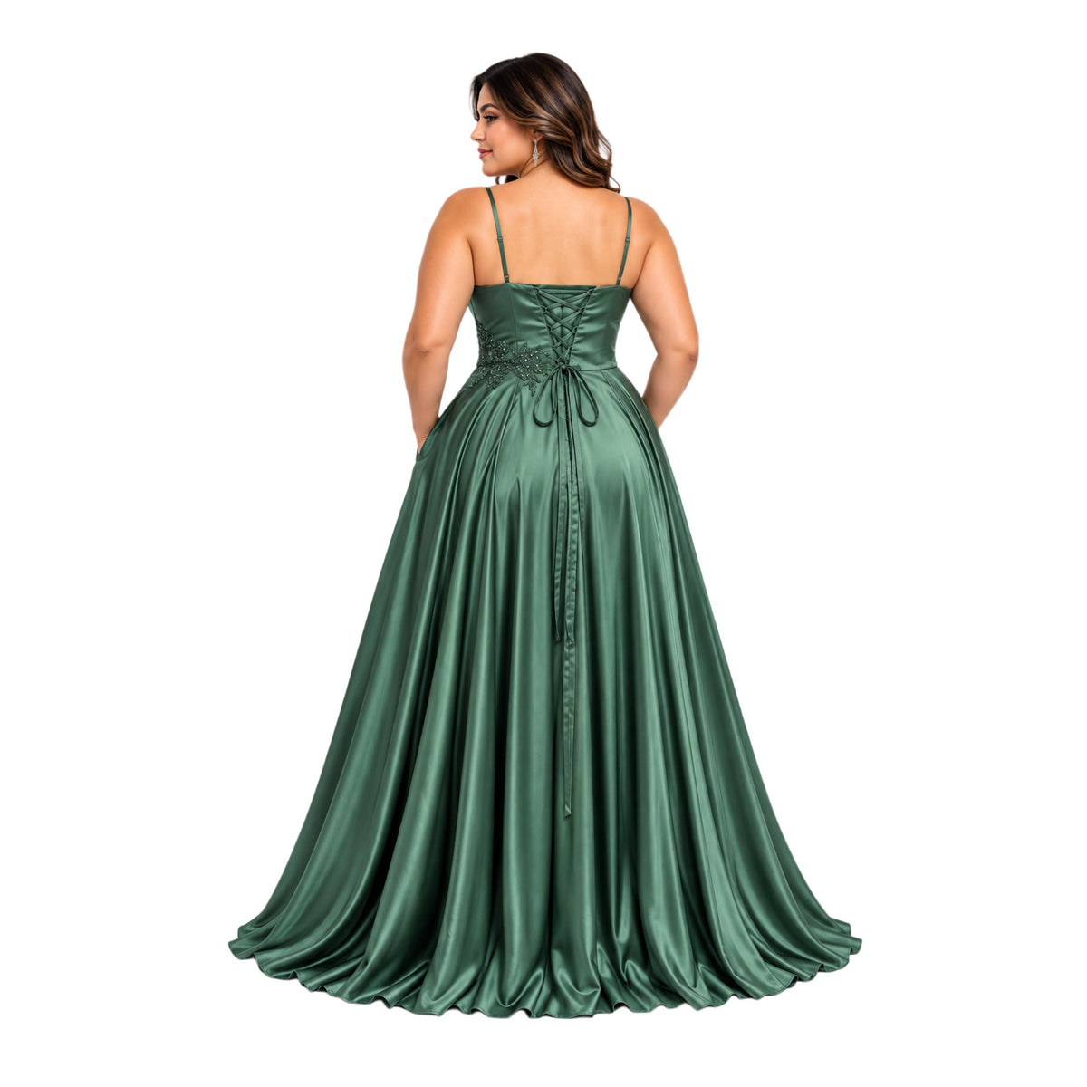 Cindy-50498 Women's Plus Size Formal Maxi Dress with Spaghetti Straps, Sweetheart Neckline, Floral Beaded Appliques, Ruched Satin-Look Bodic