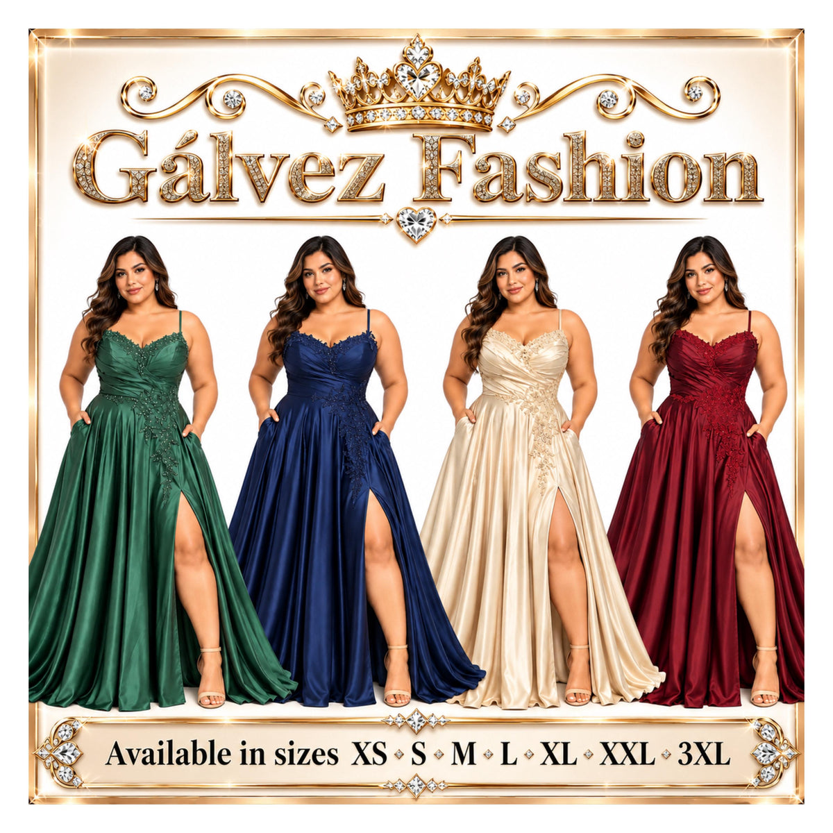 Cindy-50498 Women's Plus Size Formal Maxi Dress with Spaghetti Straps, Sweetheart Neckline, Floral Beaded Appliques, Ruched Satin-Look Bodic