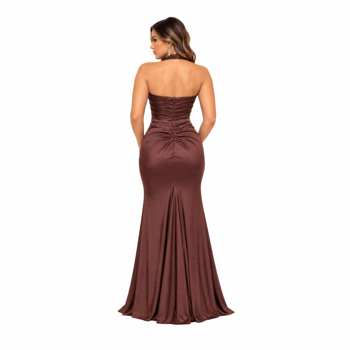 Eureka-EK191 Women's Elegant Halter Neck Maxi Evening Dress with Sweetheart Neckline, Ruched Bodice, Draped Waist, High Front Slit