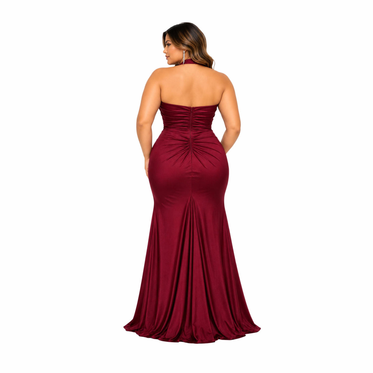 Eureka-EK191 Women's Elegant Halter Neck Maxi Evening Dress with Sweetheart Neckline, Ruched Bodice, Draped Waist, High Front Slit