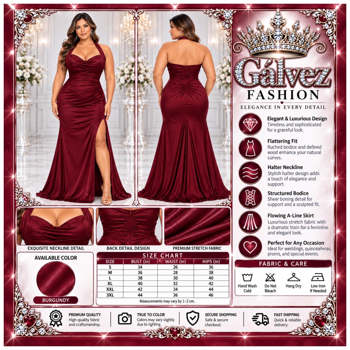 Eureka-EK191 Women's Elegant Halter Neck Maxi Evening Dress with Sweetheart Neckline, Ruched Bodice, Draped Waist, High Front Slit