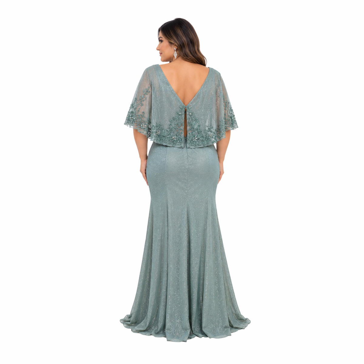 MayQueen-MQ2249 Women's Elegant Glitter Maxi Evening Dress with V-Neck, Ruched Wrap Bodice, Floral Lace Flutter Sleeves, Embellished Waist