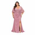 MayQueen-MQ2249 Women's Elegant Glitter Maxi Evening Dress with V-Neck, Ruched Wrap Bodice, Floral Lace Flutter Sleeves, Embellished Waist