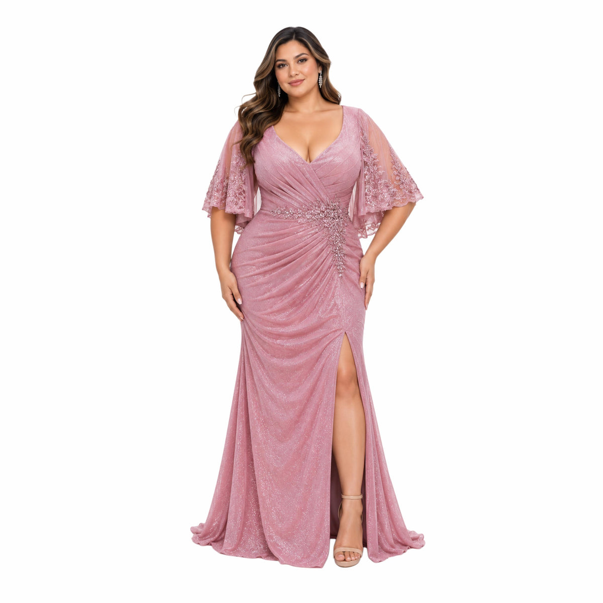 MayQueen-MQ2249 Women's Elegant Glitter Maxi Evening Dress with V-Neck, Ruched Wrap Bodice, Floral Lace Flutter Sleeves, Embellished Waist