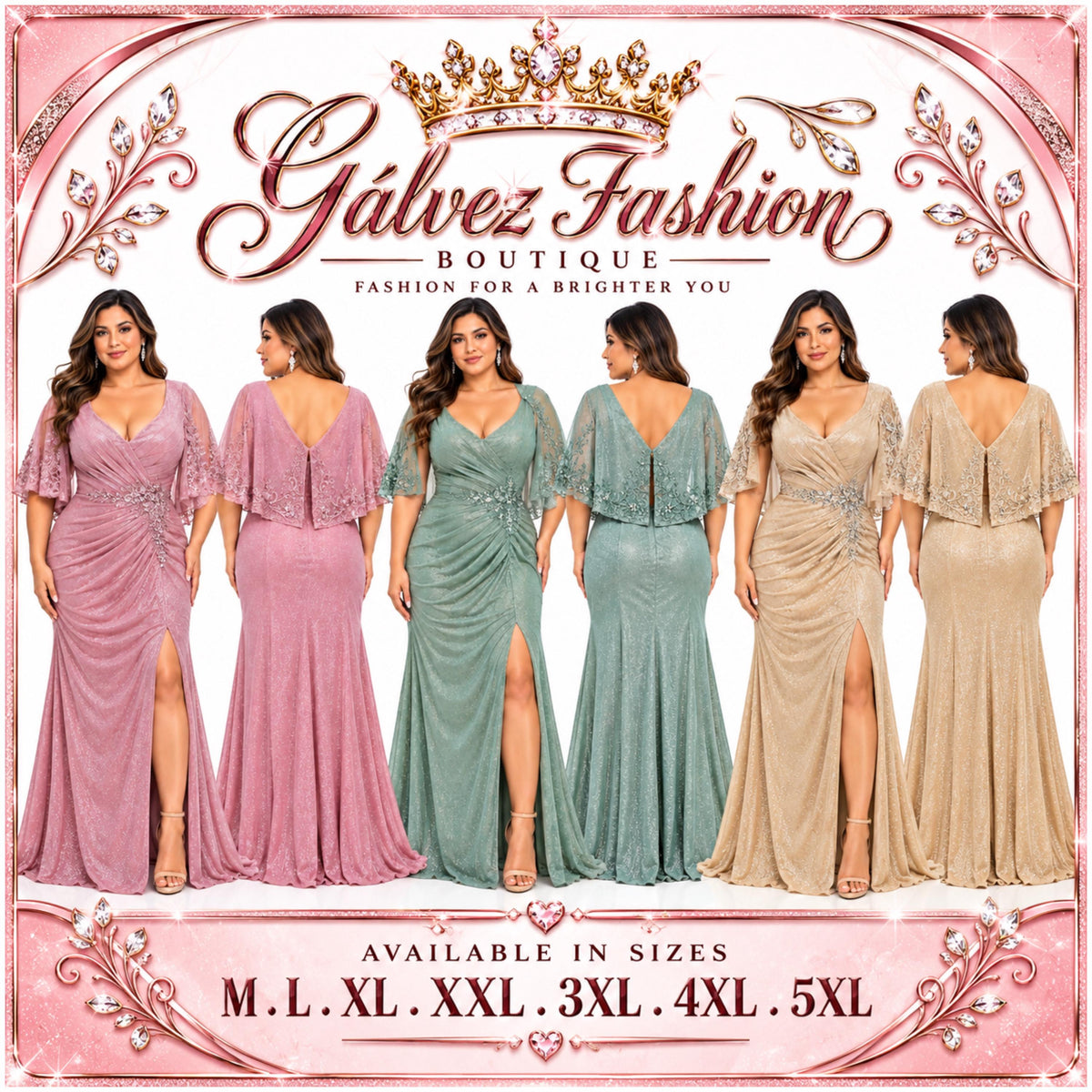 MayQueen-MQ2249 Women's Elegant Glitter Maxi Evening Dress with V-Neck, Ruched Wrap Bodice, Floral Lace Flutter Sleeves, Embellished Waist